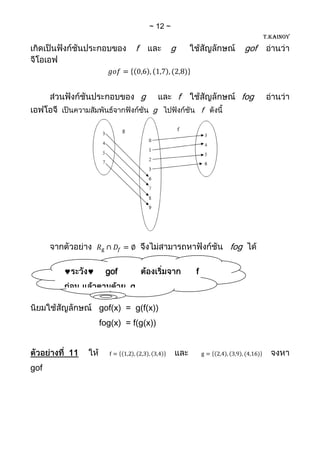 12
                                                                T.KAINOY

                       f            g                     gof




                           g            f             fog
                               g                f




                                                    fog

            gof                             f
                   g
            fog                     g
           gof(x) = g(f(x))
                f
           fog(x) = f(g(x))


      11
gof
 