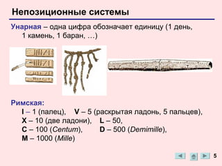 Непозиционные системы
Унарная – одна цифра обозначает единицу (1 день,
  1 камень, 1 баран, …)




Римская:
  I – 1 (палец), V – 5 (раскрытая ладонь, 5 пальцев),
  X – 10 (две ладони), L – 50,
  C – 100 (Centum),      D – 500 (Demimille),
  M – 1000 (Mille)

                                                        5
 