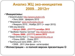 Анализ ЖЦ эко-инициатив
            2009…2012гг
Инициативы:
  GreenCubator http://greencubator.info
     Лето 2009…февраль 2012
  “Морквоїди” www.morkvoedy.org.ua
     Февраль 2010…Ноябрь 2011 (+- март 2012)
  350.org Ukraine
     Август 2009…(!!!!???) октябрь 2012
  “Зробимо Україну чистою!” http://letsdoit.org.ua
     Осень 2009…(!!!!???) весна 2013
  Green Drinks Kyiv v.1 http://greendrinks.org.ua
     Осень 2009… Осень 2011
  Трипільське коло 2008…2011 (*)
     2008…2011 (4ая фаза - катастрофа)
Иллюстрации – в полной версии презентации 
 