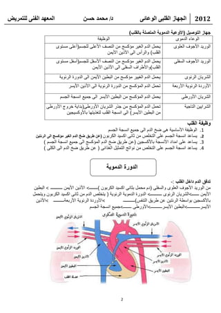 ‫انًعهذ انفًُ نهتًشيط‬                      ‫د/ يحًذ حسٍ‬                         ‫انجهاص انقهثً انىعائً‬             ‫2102‬

                                                               ‫جهاز التوصيل (األوعية الدموية المتصلة بالقلب)‬
                                             ‫الوظيفة‬                                     ‫الوعاء الدموى‬
                        ‫يحمل الدم الغير مؤكسج من النصف األعلى للجسم(أعلى مستوى‬          ‫الوريد األجوف العلوى‬
                                                  ‫القلب) والرأس الى األذين األيمن‬
                        ‫يحمل الدم الغير مؤكسج من النصف أألسفل للجسم(أسفل مستوى‬                     ‫الوريد األجوف السفلى‬
                                          ‫القلب)واألطراف السفلى الى األذين األيمن‬
                          ‫يحمل الدم الغيير مؤكسج من البطين األيمن الى الدورة الرئوية‬                      ‫الشريان الرئوى‬
                                ‫تحمل الدم المؤكسج من الدورة الرئوية الى األذين األيسر‬             ‫األوردة الرئوية األربعة‬

                           ‫يحمل الدم المؤكسج من البطين األيسر الى جميع انسجة الجسم‬                      ‫الشريان األورطى‬
                  ‫تحمل الدم المؤكسج من جذر الشريان األورطى(بداية خروج األورطى‬                             ‫الشرايين التاجية‬
                           ‫من البطين األيسر) الى انسجة القلب لتغذيتها باألوكسيجين‬

                                                                                                            ‫وظيفة القلب‬
                                                       ‫الوظيفة األساسية هى ضخ الدم الى جميع انسجة الجسم‬             ‫1.‬
            ‫يساعد انسجة الجسم على التخلص من ثانى اكسيد الكربون (عن طريق ضخ الدم الغير مؤكسج الى الرئتين‬             ‫2.‬
                 ‫يساعد على امداد األنسجة باألكسجين (عن طريق ضخ الدم المؤكسج الى جميع انسجة الجسم )‬                  ‫3.‬
                 ‫يساعد انسجة الجسم على التخلص من نواتج التمثيل الغذائى ( عن طريق ضخ الدم الى الكلى )‬                ‫4.‬


                                                        ‫الدورة الدموية‬

                                                                                                 ‫تدفق الدم داخل القلب :-‬
          ‫من الوريد األجوف العلوى والسفلى (دم محمل بثانى اكسيد الكربون )ــــــــ< األذين األيمن ـــــــــــ < البطين‬
          ‫األيمن ـــــــ<الشريان الرئوى ـــــــــــ< الدورة الدموية الرئوية ( يتخلص الدم من ثانى اكسيد الكربون ويتحمل‬
           ‫<األوردة الرئوية األربعةــــــــــ <األذين‬               ‫باألكسجين بواسطة الرئتين عن طريق التنفس)ـــــــــــ‬
                                              ‫األيسرــــــــــــ<البطين األيسرـــــــــــ<األورطى ــــــــ<جميع انسجة الجسم‬




                                                                  ‫2‬
 