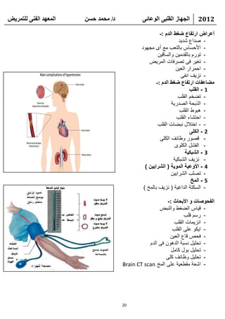 ‫انًعهذ انفًُ نهتًشيط‬   ‫د/ يحًذ حسٍ‬           ‫انجهاص انقهثً انىعائً‬       ‫2102‬

                                                       ‫أعراض ارتفاع ضغط الدم :-‬
                                                                  ‫- صداع شديد‬
                                             ‫- األحساس بالتعب مع أى مجهود‬
                                                      ‫- تورم بالقدمين والساقين‬
                                                 ‫- تغير فى تصرفات المريض‬
                                                                ‫- احمرار العين‬
                                                                   ‫- نزيف انفى‬
                                                     ‫يعاعفاخ استفاع ظغػ انذو :-‬
                                                                       ‫1 - القلب‬
                                                                 ‫- تضخم القلب‬
                                                             ‫- الذبحة الصدرية‬
                                                                  ‫- هبوط القلب‬
                                                                ‫- احتشاء القلب‬
                                                      ‫- - اختالل نبضات القلب‬
                                                                        ‫2 - الكلى‬
                                                       ‫- قصور وظائف الكلى‬
                                                               ‫- الفشل الكلوى‬
                                                                     ‫3 - الشبكية‬
                                                               ‫- نزيف الشبكية‬
                                               ‫4 - األوعية الموية ( الشرايين )‬
                                                             ‫- تصلب الشرايين‬
                                                                        ‫5 - المخ‬
                                              ‫- السكتة الداغية ( نزيف بالمخ )‬

                                                         ‫الفحوصات و األبحاث :-‬
                                                     ‫- قياس الضغط والنبض‬
                                                                 ‫- رسم قلب‬
                                                            ‫- انزيمات القلب‬
                                                           ‫- ايكو على القلب‬
                                                          ‫- فحص قاع العين‬
                                                ‫- تحليل نسبة الدهون فى الدم‬
                                                           ‫- تحليل بول كامل‬
                                                        ‫- تحليل وظائف كلى‬
                                     ‫- اشعة مقطعية على المخ ‪Brain CT scan‬‬




                                     ‫02‬
 