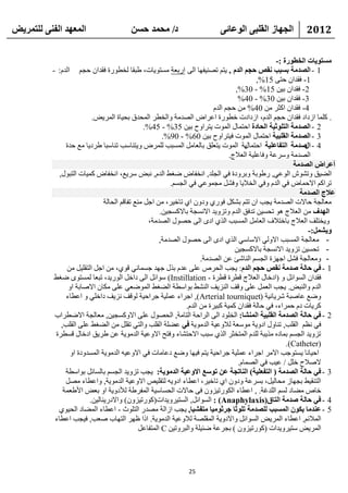 ‫انًعهذ انفًُ نهتًشيط‬                   ‫د/ يحًذ حسٍ‬                       ‫انجهاص انقهثً انىعائً‬            ‫2102‬

                                                                                                  ‫يستىياخ انخطىسج :-‬
          ‫1 - انصذيح تسثة َقص حجى انذو , ٠زُ رظٕ١فٙب اٌٝ اهثؼخ َِزٛ٠بد، ؽجمب ٌقطٛهح فملاْ ؽغُ اٌلَ: -‬
                                                                                           ‫1- فملاْ ؽزٝ 51%,‬
                                                                                  ‫2- فملاْ ث١ٓ 51% - 03%,‬
                                                                                   ‫3- فملاْ ث١ٓ 03% - 04%‬
                                                                          ‫4- فملاْ اوضو ِٓ 04% ِٓ ؽغُ اٌلَ‬
                         ‫. وٍّب اىكاك فملاْ ؽغُ اٌلَ، اىكاكد فطٛهح اػواع اٌظلِخ ٚاٌقطو اٌّؾلق ثؾ١بح اٌّو٠غ.‬
                                               ‫2 - انصذيح انتهىحيح انحادج اؽزّبي اٌّٛد ٠زواٚػ ث١ٓ 53% - 54%.‬
                                                      ‫3 - انصذيح انقهثيح اؽزّبي اٌّٛد ف١زواٚػ ث١ٓ 06% - 09%.‬
               ‫٠خ اٌّٛد ٠زؼٍك ثبٌؼبًِ اٌَّجت ٌٍّوع ٚ٠زٕبٍت رٕبٍجب ؽوك٠ب ِغ ؽلح‬        ‫4 - صذيح انتفاعهيح اؽزّبي‬
                                                                                                            ‫ال‬
                                                                                ‫اٌظلِخ ٍٚوػخ ٚفبػٍ١خ اٌؼالط.‬
                                                                                                        ‫أعشاض انصذيح‬
            ‫اٌؼ١ك ٚرشُٛ اٌٛػٟ, هؽٛثخ ٚثوٚكح فٟ اٌغٍل, أقفبع ػغؾ اٌلَ, ٔجغ ٍو٠غ، أقفبع وّ١بد اٌزجٛي,‬
                                                         ‫رواوُ االؽّبع فٟ اٌلَ ٚفٟ اٌقال٠ب ٚفشً ِغّٛػٟ فٟ اٌغَُ.‬
                                                                                                          ‫عالد انصذيح‬
                              ‫ِؼبٌغخ ؽبالد اٌظلِخ ٠غت اْ رزُ ثشىً فٛهٞ ٚكْٚ اٞ ربف١و، ِٓ اعً ِٕغ رفبلُ اٌؾبٌخ‬
                                                     ‫انهذف ِٓ اٌؼالط ٘ٛ رؾَ١ٓ رلفك اٌلَ ٚريٚ٠ل االَٔغخ ثبالوَغ١ٓ.‬
                                                ‫ٚ٠قزٍف اٌؼالط ثبفزالف اٌؼبًِ اٌَّجت اٌنٞ اكٜ اٌٝ ؽظٛي اٌظلِخ،‬
                                                                                                             ‫ويشًم:-‬
                                                     ‫- ِؼبٌغخ اٌَّجت االٌٟٚ االٍبٍٟ اٌنٞ اكٜ اٌٝ ؽظٛي اٌظلِخ,‬
                                                                                  ‫- رؾَ١ٓ ريٚ٠ل االَٔغخ ثبالوَغ١ٓ‬
                                                                     ‫- ِٚؼبٌغخ فشً اعٙيح اٌغَُ إٌبشئ ػٓ اٌظلِخ.‬
               ‫1 - في حانح صذيح َقص حجى انذو: ٠غت اٌؾوص ػٍٝ ػلَ ثني عٙل عَّبٟٔ لٛٞ، ِٓ اعً اٌزمٍ١ً ِٓ‬
           ‫فملاْ اٌَٛائً ٚ (اكفبي اٌؼالط لطوح لطوح - ‪ٍٛ )Instillation‬ائً اٌٝ كافً اٌٛه٠ل، رجؼب ٌَّزٜٛ ػغؾ‬
                ‫اٌلَ ٚإٌجغ. ٠غت اٌؼًّ ػٍٝ ٚلف إٌي٠ف إٌشؾ ثٛاٍطخ اٌؼغؾ اٌّٛػؼٟ ػٍٝ ِىبْ االطبثخ اٚ‬
               ‫ٚػغ ػبطجخ شو٠بٔ١خ (‪ ,)Arterial tourniquet‬اعواء ػٍّ١خ عواؽ١خ ٌٛلف ٔي٠ف كافٍٟ ٚ اػطبء‬
                                                               ‫وو٠بد كَ ؽّواء، فٟ ؽبٌخ فملاْ وّ١خ وج١وح ِٓ اٌلَ.‬
           ‫2 - في حانح انصذيح انقهثيح انًُشا: اٌقٍٛك اٌٝ اٌواؽخ اٌزبِخ, اٌؾظٛي ػٍٝ االٚوَغ١ٓ, ِؼبٌغخ االػطواة‬
             ‫فٟ ٔظُ اٌمٍت, رٕبٚي اكٚ٠خ ٍِٛؼخ ٌالٚػ١خ اٌلِٛ٠خ في ػؼٍخ اٌمٍت ٚاٌزٟ رمًٍ ِٓ اٌؼغؾ ػٍٝ اٌمٍت,‬
           ‫ريٚ٠ل اٌغَُ ثّبكٖ ِن٠جخ ٌٍلَ اٌّزقضو اٌنٞ ٍجت االؽزشبء ٚفزؼ االٚػ١خ اٌلِٛ٠خ ػٓ ؽو٠ك اكفبي لَطوح‬
                                                                                                      ‫(‪.)Catheter‬‬
                 ‫اؽ١بٔب ٠َزٛعت االِو اعواء ػٍّ١خ عواؽ١خ ٠زُ ف١ٙب ٚػغ كػبِبد فٟ االٚػ١ٗ اٌلِٛ٠خ اٌَّلٚكح اٚ‬
                                                                                   ‫الطالػ فًٍ / ػ١ت فٟ اٌظّبَ.‬
               ‫3 - في حانح انصذيح ( انتفعهيح) انُاتجح عٍ تىسع االوعيح انذيىيح: ٠غت ريٚ٠ل اٌغَُ ثبٌَبئً ثٛاٍطخ‬
               ‫اٌزٕم١ؾ ثغٙبى ِؾبٌ١ً، ثَوػخ ٚكْٚ اٞ ربف١و، اػطبء اكٚ٠ٗ ٌزمٍ١ض االٚػ١خ اٌلِٛ٠خ, ٚاػطبء ِظً‬
              ‫فبص ِؼبك ٌَُ اٌٍلغخ. , اػطبء اٌىٛهر١يْٚ فٝ ؽبالد اٌؾَبٍ١خ اٌّفوؽخ ٌألكٚ٠خ اٚ ثؼغ األؽؼّخ‬
                        ‫4 - في حانح صذيح انتاق(‪ : )Anaphylaxis‬اٌَٛائً, اٌَز١وٚ٠لاد(وٛهر١يْٚ) ٚاالكه٠ٕبٌ١ٓ.‬
            ‫5 - عُذيا يكىٌ انًسثة نهصذيح تهىحا جشحىييا يتفشيا, ٠غت اىاٌخ ِظله اٌزٍٛس - اػطبء اٌّؼبك اٌؾ١ٛٞ‬
           ‫اٌّالئُ, اػطبء اٌّو٠غ اٌَٛائً ٚاالكٚ٠خ اٌّمٍظخ ٌالٚػ١خ اٌلِٛ٠خ. اما ظٙو اٌزٙبة طؼت, ف١غت اػطبء‬
                                             ‫اٌّو٠غ ٍز١وٚ٠لاد (وٛهر١يْٚ ) ثغوػخ ػئ١ٍخ ٚاٌجوٚر١ٓ ‪ C‬اٌّزفبػً‬




                                                             ‫52‬
 
