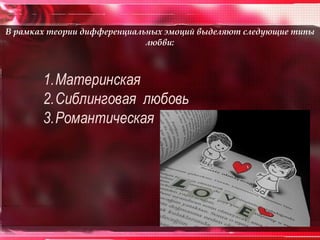В рамках теории дифференциальных эмоций выделяют следующие типы
                             любви:



       1.Материнская
       2.Сиблинговая любовь
       3.Романтическая
 