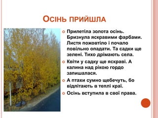 ОСІНЬ ПРИЙШЛА
      Прилетіла золота осінь.
       Бризнула яскравими фарбами.
       Листя пожовтіло і почало
       повільно опадати. Та садки ще
       зелені. Тихо дрімають села.
      Квіти у садку ще яскраві. А
       калина над рікою гордо
       запишалася.
      А птахи сумно щебечуть, бо
       відлітають в теплі краї.
      Осінь вступила в свої права.
 