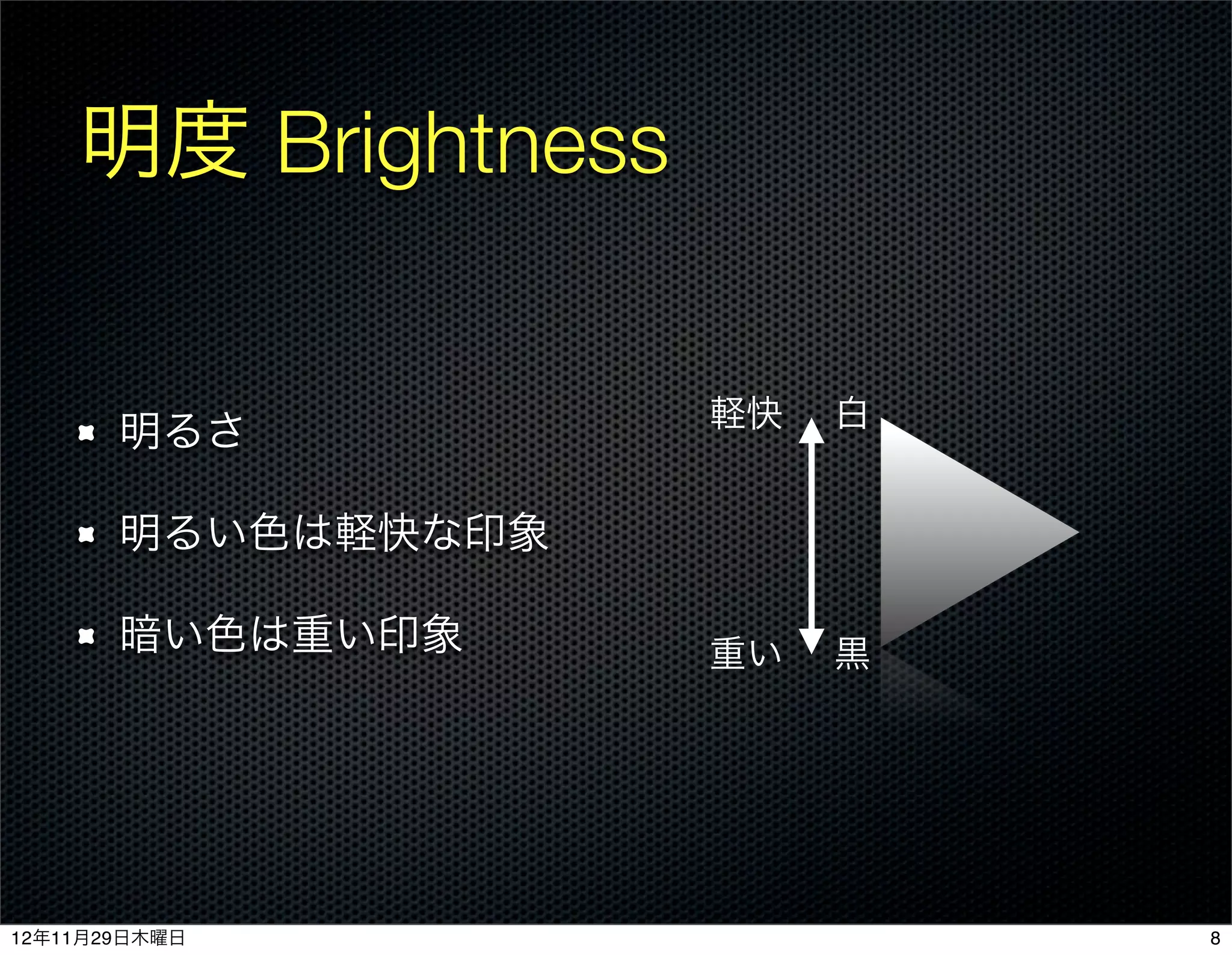 明度 Brightness

                    軽快   白
       明るさ

       明るい色は軽快な印象

       暗い色は重い印象     重い   黒




12年11月29日木曜日                 8
 