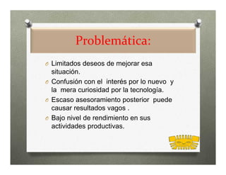 Problemática:
O Limitados deseos de mejorar esa
  situación.
O Confusión con el interés por lo nuevo y
  la mera curiosidad por la tecnología.
O Escaso asesoramiento posterior puede
  causar resultados vagos .
O Bajo nivel de rendimiento en sus
  actividades productivas.
 
