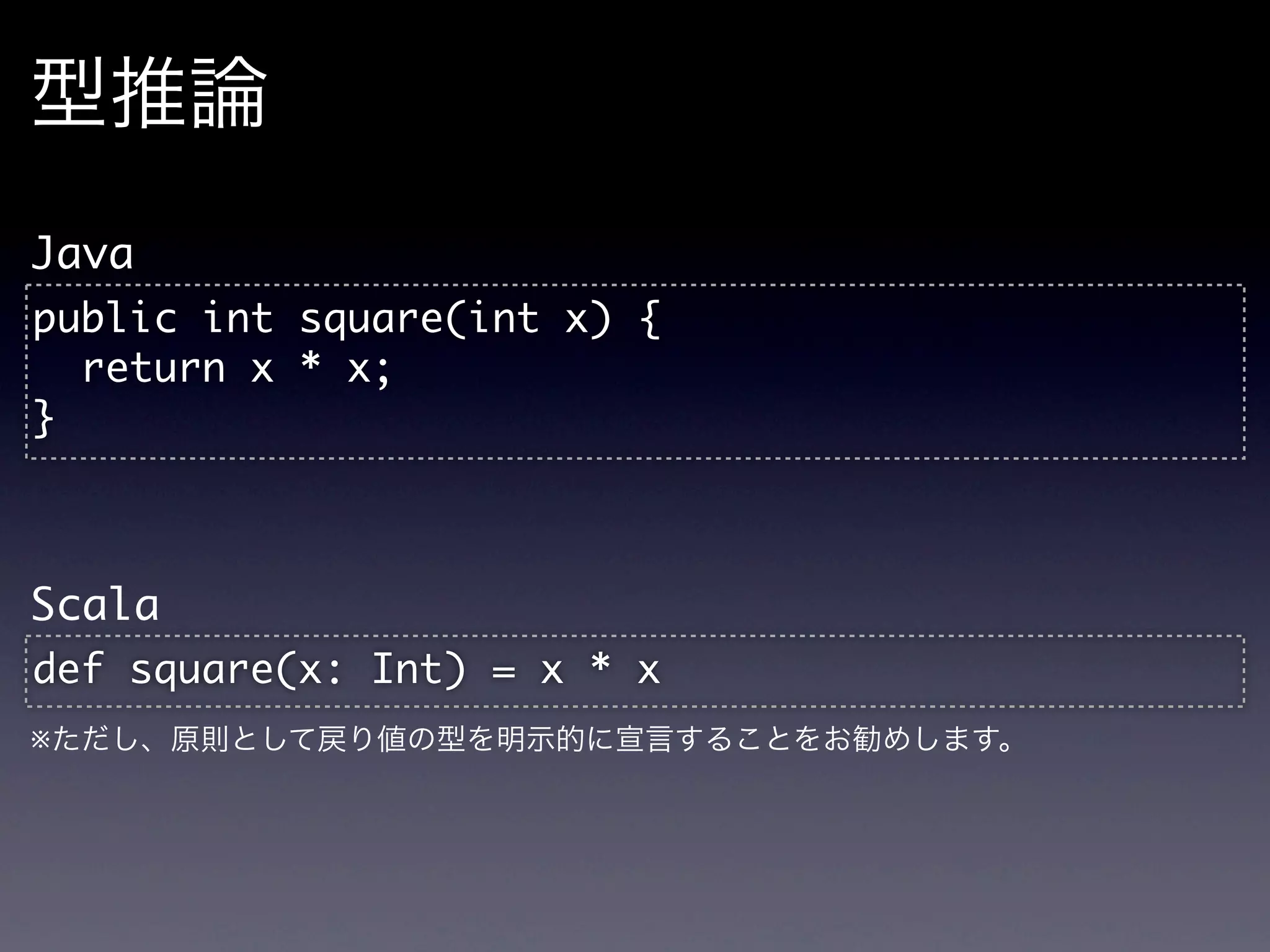 型推論
Java
public	 int	 square(int	 x)	 {
	 	 return	 x	 *	 x;
}


Scala
def	 square(x:	 Int)	 =	 x	 *	 x
※ただし、原則として戻り値の型を明示的に宣言することをお勧めします。
 