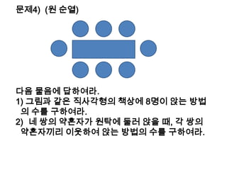 문제4) (원 순열)




다음 물음에 답하여라.
1) 그림과 같은 직사각형의 책상에 8명이 앉는 방법
 의 수를 구하여라.
2) 네 쌍의 약혼자가 원탁에 둘러 앉을 때, 각 쌍의
 약혼자끼리 이웃하여 앉는 방법의 수를 구하여라.
 