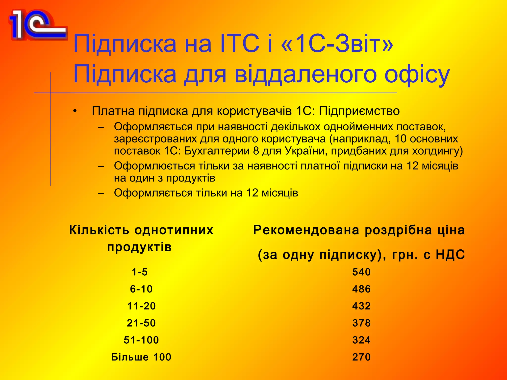 Підписка на ІТС і «1С-Звіт»
Підписка для віддаленого офісу
•   Платна підписка для користувачів 1С: Підприємство
     – Оформляється при наявності декількох однойменних поставок,
       зареєстрованих для одного користувача (наприклад, 10 основних
       поставок 1С: Бухгалтерии 8 для України, придбаних для холдингу)
     – Оформлюється тільки за наявності платної підписки на 12 місяців
       на один з продуктів
     – Оформляється тільки на 12 місяців


Кількість однотипних            Рекомендована роздрібна ціна
      продуктів
                                 (за одну підписку), грн. с НДС
          1-5                                     540
          6-10                                    486
          11-20                                   432
          21-50                                   378
         51-100                                   324
       Більше 100                                 270
 