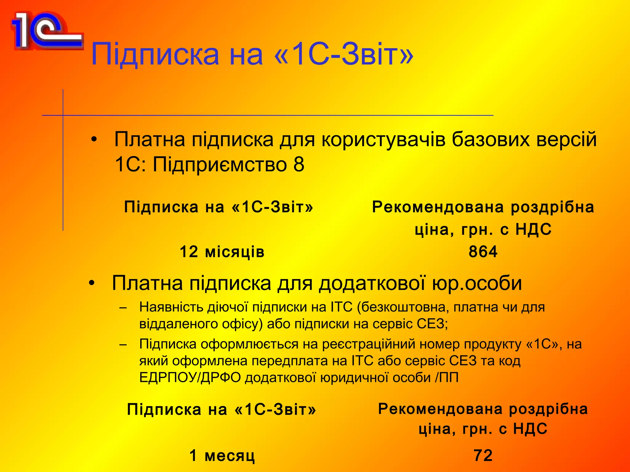 Підписка на «1С-Звіт»

• Платна підписка для користувачів базових версій
  1С: Підприємство 8
   Підписка на «1С-Звіт»            Рекомендована роздрібна
                                        ціна, грн. с НДС
          12 місяців                           864

• Платна підписка для додаткової юр.особи
  – Наявність діючої підписки на ІТС (безкоштовна, платна чи для
    віддаленого офісу) або підписки на сервіс СЕЗ;
  – Підписка оформлюється на реєстраційний номер продукту «1С», на
    який оформлена передплата на ІТС або сервіс СЕЗ та код
    ЕДРПОУ/ДРФО додаткової юридичної особи /ПП

   Підписка на «1С-Звіт»             Рекомендована роздрібна
                                         ціна, грн. с НДС
           1 месяц                                72
 
