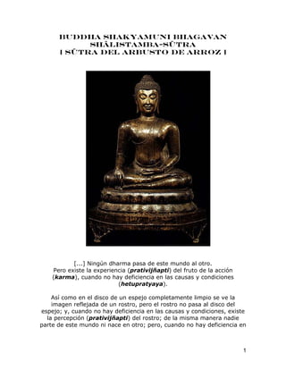 Buddha Shakyamuni Bhagavan
            Shâlistamba-sûtra
      [ Sûtra del Arbusto de Arroz ]




           [...] Ningún dharma pasa de este mundo al otro.
    Pero existe la experiencia (prativijñapti) del fruto de la acción
    (karma), cuando no hay deficiencia en las causas y condiciones
                           (hetupratyaya).

    Así como en el disco de un espejo completamente limpio se ve la
    imagen reflejada de un rostro, pero el rostro no pasa al disco del
espejo; y, cuando no hay deficiencia en las causas y condiciones, existe
  la percepción (prativijñapti) del rostro; de la misma manera nadie
parte de este mundo ni nace en otro; pero, cuando no hay deficiencia en



                                                                        1
 