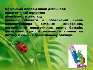 Важливий напрям своєї діяльності
педагогічний колектив
дошкільного закладу
повинен вбачати в збагаченні знань
вихователівпро        сімейне    виховання,
поглибленні педагогічних знань батьків,
досягненні єдності виховного впливу на
дитину в сім’ї і в дошкільному закладі.
 