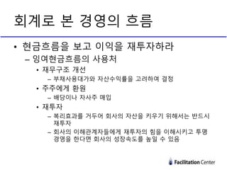 • 현금흐름을 보고 이익을 재투자하라
– 잉여현금흐름의 사용처
• 재무구조 개선
– 부채사용대가와 자산수익률을 고려하여 결정
• 주주에게 환원
– 배당이나 자사주 매입
• 재투자
– 복리효과를 거두어 회사의 자산을 키우기 위해서는 반드시
재투자
– 회사의 이해관계자들에게 재투자의 힘을 이해시키고 투명
경영을 한다면 회사의 성장속도를 높일 수 있음
회계로 본 경영의 흐름
 