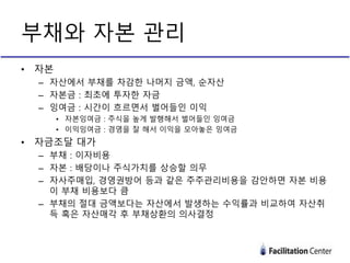 부채와 자본 관리
• 자본
– 자산에서 부채를 차감한 나머지 금액, 순자산
– 자본금 : 최초에 투자한 자금
– 잉여금 : 시간이 흐르면서 벌어들인 이익
• 자본잉여금 : 주식을 높게 발행해서 벌어들인 잉여금
• 이익잉여금 : 경영을 잘 해서 이익을 모아놓은 잉여금
• 자금조달 대가
– 부채 : 이자비용
– 자본 : 배당이나 주식가치를 상승할 의무
– 자사주매입, 경영권방어 등과 같은 주주관리비용을 감안하면 자본 비용
이 부채 비용보다 큼
– 부채의 절대 금액보다는 자산에서 발생하는 수익률과 비교하여 자산취
득 혹은 자산매각 후 부채상환의 의사결정
 