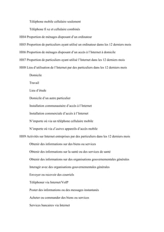 Téléphone mobile cellulaire seulement

       Téléphone fi xe et cellulaire combinés

HH4 Proportion de ménages disposant d’un ordinateur

HH5 Proportion de particuliers ayant utilisé un ordinateur dams les 12 derniers mois

HH6 Proportion de ménages disposant d’un accès à l’Internet à domicile

HH7 Proportion de particuliers ayant utilisé l’Internet dans les 12 derniers mois

HH8 Lieu d’utilisation de l’Internet par des particuliers dans les 12 derniers mois

       Domicile

       Travail

       Lieu d’étude

       Domicile d’un autre particulier

       Installation communautaire d’accès à l’Internet

       Installation commerciale d’accès à l’Internet

       N’importe où via un téléphone cellulaire mobile

       N’importe où via d’autres appareils d’accès mobile

HH9 Activités sur Internet entreprises par des particuliers dans les 12 derniers mois

       Obtenir des informations sur des biens ou services

       Obtenir des informations sur la santé ou des services de santé

       Obtenir des informations sur des organisations gouvernementales générales

       Interagir avec des organisations gouvernementales générales

       Envoyer ou recevoir des courriels

       Téléphoner via Internet/VoIP

       Poster des informations ou des messages instantanés

       Acheter ou commander des biens ou services

       Services bancaires via Internet
 
