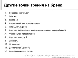 Другие точки зрения на бренд
1.   Правовой инструмент
2.   Логотип
3.   Компания
4.   Стенограмма ментальных связей
5.   Уменьшитель риска
6.   Система идентичности (включая подлинность и своеобразие)
7.   Образ в умах потребителей
8.   Система ценностей
9.   Личность
10. Отношения
11. Добавленная ценность
12. Развивающаяся сущность

                    de Chermatony, Leslie, & Riley, Dall’Olmo, Defining a “brand”: beyond the literature with experts’ interpretations,
                                                                               Journal of Marketing management, 1998, 14, 417-443
 