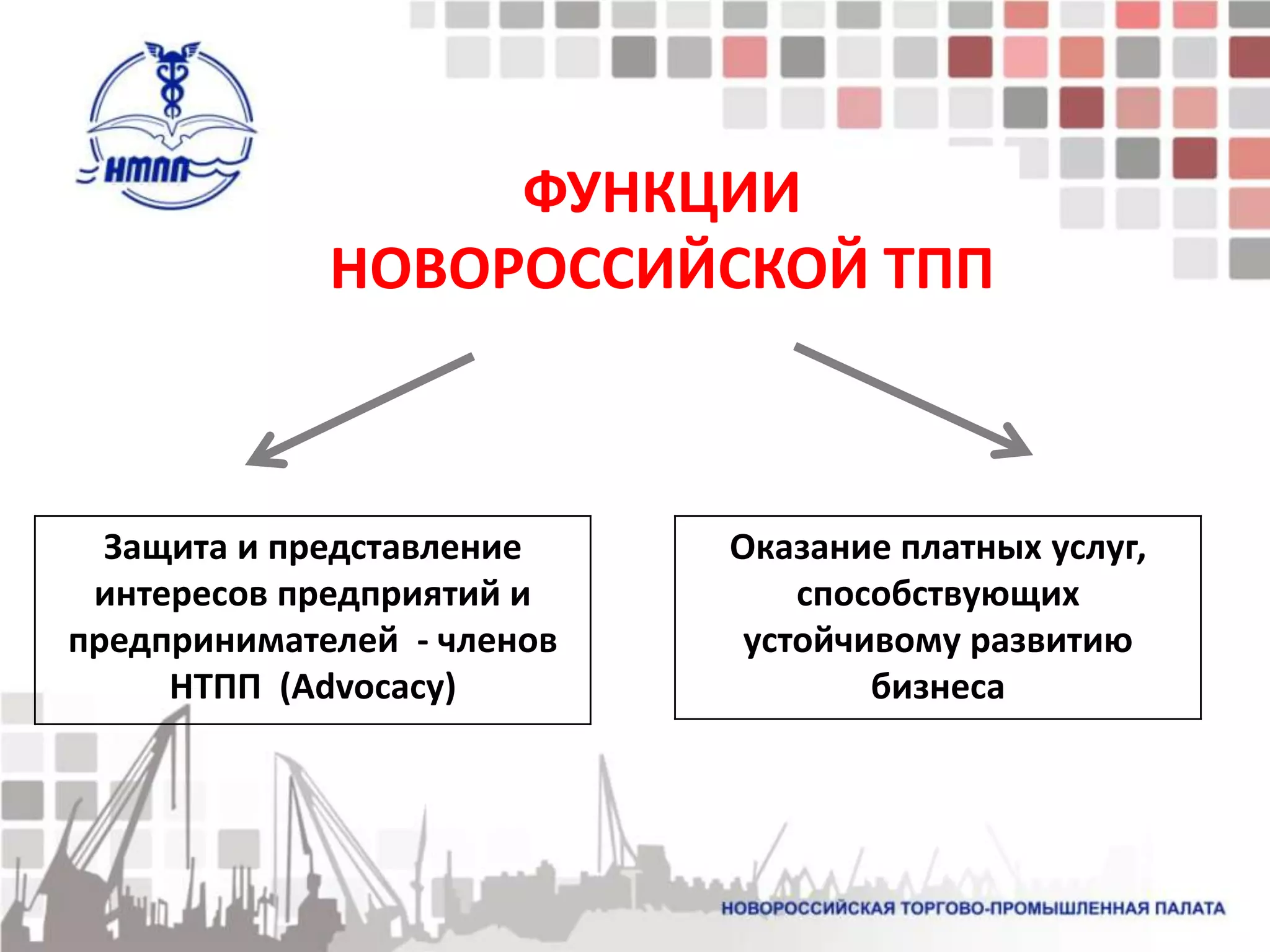 ФУНКЦИИ
             НОВОРОССИЙСКОЙ ТПП



  Защита и представление    Оказание платных услуг,
 интересов предприятий и        способствующих
предпринимателей - членов    устойчивому развитию
     НТПП (Advocacy)                бизнеса
 