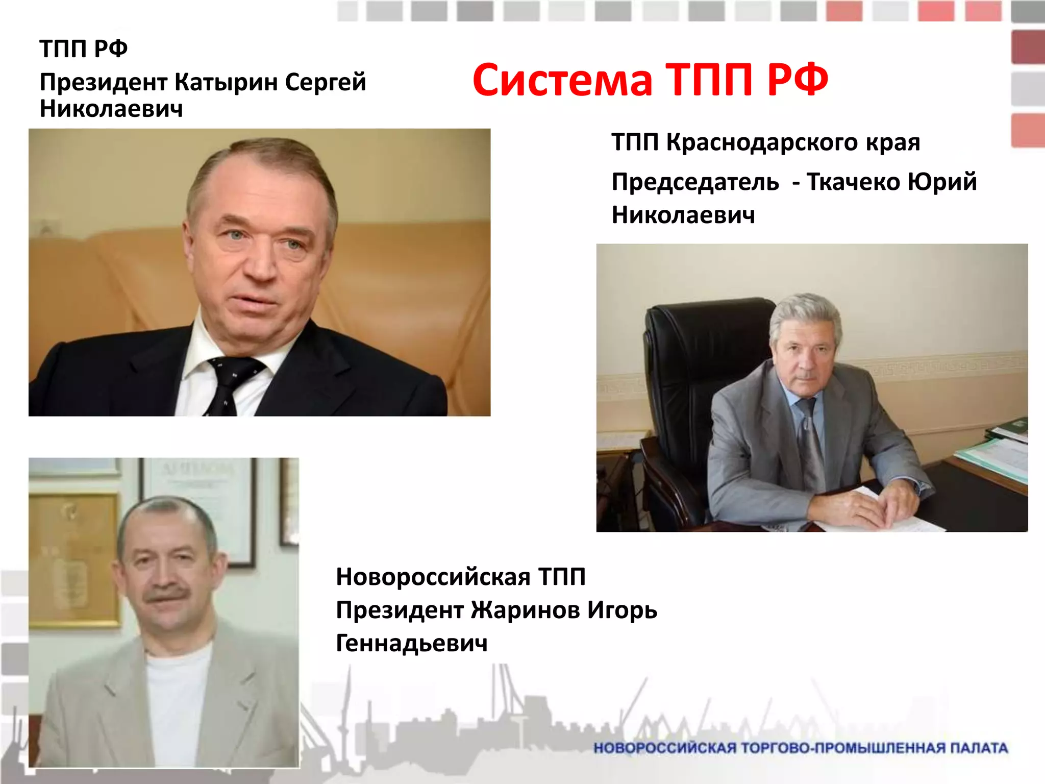 ТПП РФ
Президент Катырин Сергей
Николаевич
                              Система ТПП РФ
                                        ТПП Краснодарского края
                                        Председатель - Ткачеко Юрий
                                        Николаевич




                     Новороссийская ТПП
                     Президент Жаринов Игорь
                     Геннадьевич
 
