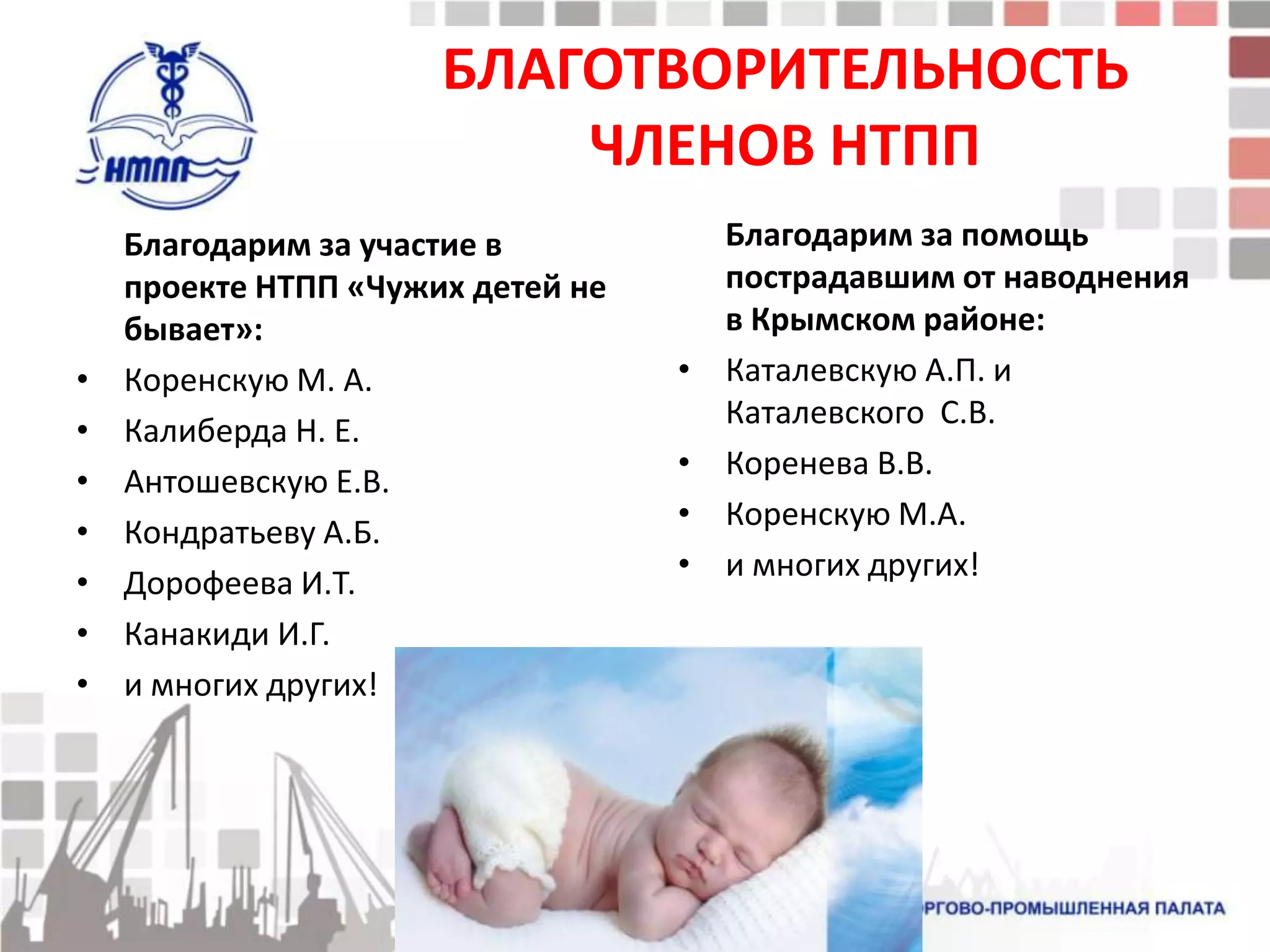 БЛАГОТВОРИТЕЛЬНОСТЬ
                          ЧЛЕНОВ НТПП
    Благодарим за участие в            Благодарим за помощь
    проекте НТПП «Чужих детей не       пострадавшим от наводнения
    бывает»:                           в Крымском районе:
•   Коренскую М. А.                •   Каталевскую А.П. и
                                       Каталевского С.В.
•   Калиберда Н. Е.
                                   •   Коренева В.В.
•   Антошевскую Е.В.
                                   •   Коренскую М.А.
•   Кондратьеву А.Б.
                                   •   и многих других!
•   Дорофеева И.Т.
•   Канакиди И.Г.
•   и многих других!
 
