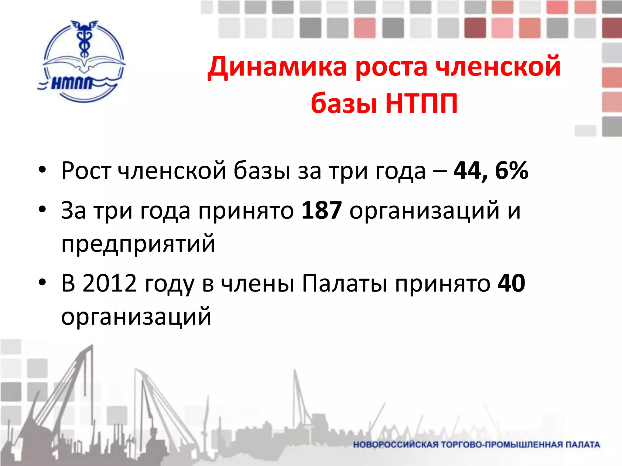 Динамика роста членской
                    базы НТПП

• Рост членской базы за три года – 44, 6%
• За три года принято 187 организаций и
  предприятий
• В 2012 году в члены Палаты принято 40
  организаций
 