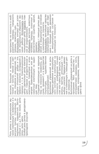 19
Рольритмавэмоциональномзву
чаниикомпозициивживописиив
рисунке(ритмы:спокойный,за
медленный,порывистый,беспо
койныйит.д.).Ритмлиний,ритм
пятен,ритмцвета.
Особаярольритмавдекоративно
прикладномискусстве
высокое,большоеималенькое,
тонкоеитолстое,темноеисвет
лое,спокойноеидинамичное;пе
редачиотношения:добраизла,
тревогиинежности,состраданияи
героикиит.д.Композиционный
центр(зрительныйцентркомпози
ции).Главноеивторостепенноев
композиции.Симметрияиасим
метрия.Уравновешенныеилиди
намичныекомпозицииназадан
нуютему.
Созданиекомпозицииназаданную
темунаплоскости(живопись,ри
сунок,орнамент)ивпространстве
(скульптура,художественное
конструирование).
Выполнениеупражненийнаритм.
Передачадвиженияиэмоциональ
ногосостояниявкомпозициина
плоскости:изображениептичьей
стаиилистайкирыб(рисунок,жи
вопись,граттаж,аппликация—по
выборуучителя).Передачадвиже
ниявкомпозицииспомощьюрит
маэлементов.
Выполнениеупражненийнаритмв
программеPaint.Знакомствос
инструментами:карандаш,кисть,
заливка,копирование,изменение
цветафона
пространстванаплоскостивизоб
раженияхприроды,городского
пейзажа,сюжетныхсцен.
Использоватьконтрастдляусиле
нияэмоциональнообразногозву
чанияработы.Использоватьком
позиционныйцентр,отделятьглав
ноеотвторостепенного.
Изображатьрастения,животных,
человека,природу,сказочныеи
фантастическиесущества,здания,
предметы.
Передаватьспомощьюритмадви
жениеиэмоциональноесостояние
вкомпозициинаплоскости.
Использоватьпростейшиесредства
компьютернойграфикидляпере
дачиспомощьюритмадвижения
иэмоциональногосостоянияв
композициинаплоскости
 