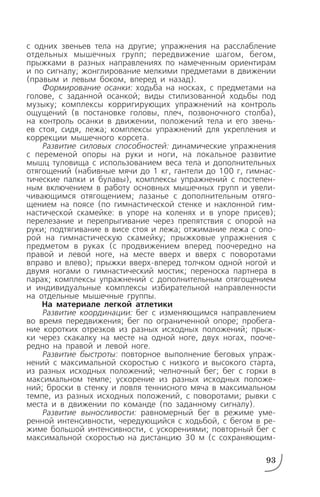 с одних звеньев тела на другие; упражнения на расслабление
отдельных мышечных групп; передвижение шагом, бегом,
прыжками в разных направлениях по намеченным ориентирам
и по сигналу; жонглирование мелкими предметами в движении
(правым и левым боком, вперед и назад).
Формирование осанки: ходьба на носках, с предметами на
голове, с заданной осанкой; виды стилизованной ходьбы под
музыку; комплексы корригирующих упражнений на контроль
ощущений (в постановке головы, плеч, позвоночного столба),
на контроль осанки в движении, положений тела и его звень
ев стоя, сидя, лежа; комплексы упражнений для укрепления и
коррекции мышечного корсета.
Развитие силовых способностей: динамические упражнения
с переменой опоры на руки и ноги, на локальное развитие
мышц туловища с использованием веса тела и дополнительных
отягощений (набивные мячи до 1 кг, гантели до 100 г, гимнас
тические палки и булавы), комплексы упражнений с постепен
ным включением в работу основных мышечных групп и увели
чивающимся отягощением; лазанье с дополнительным отяго
щением на поясе (по гимнастической стенке и наклонной гим
настической скамейке: в упоре на коленях и в упоре присев);
перелезание и перепрыгивание через препятствия с опорой на
руки; подтягивание в висе стоя и лежа; отжимание лежа с опо
рой на гимнастическую скамейку; прыжковые упражнения с
предметом в руках (с продвижением вперед поочередно на
правой и левой ноге, на месте вверх и вверх с поворотами
вправо и влево); прыжки вверх вперед толчком одной ногой и
двумя ногами о гимнастический мостик; переноска партнера в
парах; комплексы упражнений с дополнительным отягощением
и индивидуальные комплексы избирательной направленности
на отдельные мышечные группы.
На материале легкой атлетики
Развитие координации: бег с изменяющимся направлением
во время передвижения; бег по ограниченной опоре; пробега
ние коротких отрезков из разных исходных положений; прыж
ки через скакалку на месте на одной ноге, двух ногах, пооче
редно на правой и левой ноге.
Развитие быстроты: повторное выполнение беговых упраж
нений с максимальной скоростью с низкого и высокого старта,
из разных исходных положений; челночный бег; бег с горки в
максимальном темпе; ускорение из разных исходных положе
ний; броски в стенку и ловля теннисного мяча в максимальном
темпе, из разных исходных положений, с поворотами; рывки с
места и в движении по команде (по заданному сигналу).
Развитие выносливости: равномерный бег в режиме уме
ренной интенсивности, чередующийся с ходьбой, с бегом в ре
жиме большой интенсивности, с ускорениями; повторный бег с
максимальной скоростью на дистанцию 30 м (с сохраняющим
93
 