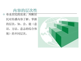 内容的层次性 尊重居民的需求，判断居民对传播内容了解、掌握的层次，知、会、能（意识、方法、意志的综合体现）的不同层次。 