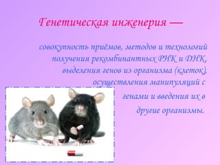 Генетическая инженерия — совокупность приёмов, методов и технологий получения рекомбинантных РНК и ДНК, выделения генов из организма (клеток), осуществления манипуляций с  генами и введения их в  другие организмы.   