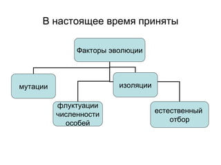 В настоящее время приняты Факторы эволюции мутации флуктуации численности особей изоляции естественный  отбор 