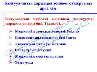 Байгууллагын харилцаа холбоог сайжруулах
                арга зам

Байгууллагын мэдээлэл солилцоог       зохицуулан
удирдах олон арга бий. Тухайлбал:

     Мэдээллийн урсгалыг чөлөөтэй байлгах
     Буцах холбооны системийг бий болгох
     Удирдлагын зүгээс уулзалт хийх
     Санал хүсэл цуглуулах
     Мэдээллийн хэрэгсэл ашиглах
     Эсэргүүцэл
 