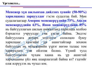 Үргэлжлэл...

  Менежер хүн ажлынхаа дийлэнх хувийг (50-90%)
  харилцаанд зарцуулдаг гэсэн судалгаа бий. Мөн
  судалагаагаар Америк менежерүүдийн 73%, Англи
  менежерүүдийн 63%, Япон менежерүүдийн 85%
  нь байгууллагын ажлын амжилтанд харилцаа холбоо
  бэрхшээл учруулдаг гэж үзсэн байна. Эндээс
  байгууллага доторх мэдээлэл солилцоо буюу
  харилцааг хамгийн үр ашигтайгаар зохион
  байгуулах нь менежерийн үүрэг нөгөө талаас том
  хариуцлага гэж ойлгож болно. Үүний тулд
  байгууллагын чухам хаана нь үр ашигтай
  харилцааны үйл явц шаарлагатай байна вэ? гэдгийг
  олж илрүүлэх нь чухал юм.
 