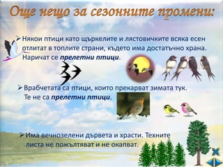 Някои птици като щъркелите и лястовичките всяка есен
 отлитат в топлите страни, където има достатъчно храна.
 Наричат се прелетни птици.


Врабчетата са птици, които прекарват зимата тук.
 Те не са прелетни птици.



 Има вечнозелени дървета и храсти. Техните
  листа не пожълтяват и не окапват.
 