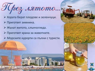  Хората берат плодове и зеленчуци.
 Приготвят зимнина.
 Жънат житото, слънчогледа.
 Приготвят храна за животните.
 Морските курорти са пълни с туристи.
 