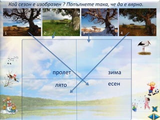 Кой сезон е изобразен ? Попълнете така, че да е вярно.




1                 2              3                4




                      пролет               зима

                      лято                 есен
 