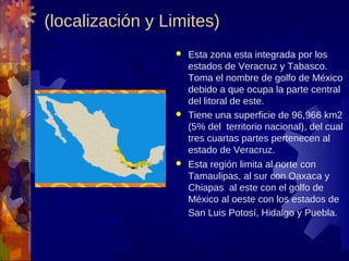 (localización y Limites)
                  Esta zona esta integrada por los
                   estados de Veracruz y Tabasco.
                   Toma el nombre de golfo de México
                   debido a que ocupa la parte central
                   del litoral de este.
                  Tiene una superficie de 96,966 km2
                   (5% del territorio nacional), del cual
                   tres cuartas partes pertenecen al
                   estado de Veracruz.
                  Esta región limita al norte con
                   Tamaulipas, al sur con Oaxaca y
                   Chiapas al este con el golfo de
                   México al oeste con los estados de
                   San Luis Potosí, Hidalgo y Puebla.
 