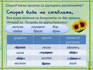 Според какъв признак са групирани растенията?
Според вида на стъблата.
Във всяка колонка са допуснати по две грешки.
Открий ги. Поправи по групи/колонки/.
   къпина      глухарче     бор
    лайка       бреза       дрян
    дървета          храсти         тревисти
                                    растения
     къпина
      бреза          леска          здравец
      липа         глухарче
                    къпина            лайка
                                       бор
      лайка
       бор           шипка          глухарче
                                      дрян
     кестен          бреза
                     дрян            лале
 