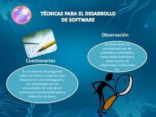 Observación
                                         La observación es
                                       caracterizada por ser
                                     sistemática controlada y
                                     mecanizada destinada a
    Cuestionarios                        evitar errores de
                                    subjetividad, confusiones
                                                etc.
   Es un conjunto de preguntas
 sobre los hechos o aspectos que
 interesan en una investigación y
     son contestados por los
   encuestados. Se trata de un
instrumento fundamental para la
       obtención de datos.
 