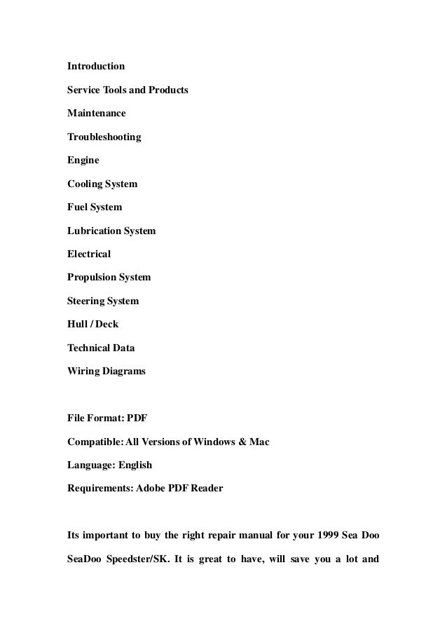 1999 Sea Doo SeaDoo Speedster/SK Service Repair Workshop Manual DOWNL…
