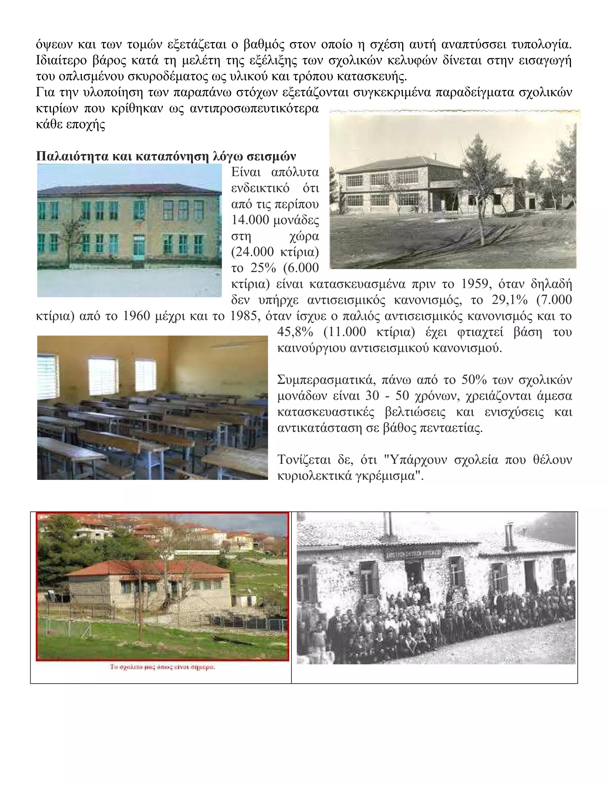 όψεων και των τομών εξετάζεται ο βαθμός στον οποίο η σχέση αυτή αναπτύσσει τυπολογία.
Ιδιαίτερο βάρος κατά τη μελέτη της εξέλιξης των σχολικών κελυφών δίνεται στην εισαγωγή
του οπλισμένου σκυροδέματος ως υλικού και τρόπου κατασκευής.
Για την υλοποίηση των παραπάνω στόχων εξετάζονται συγκεκριμένα παραδείγματα σχολικών
κτιρίων που κρίθηκαν ως αντιπροσωπευτικότερα
κάθε εποχής

Παλαιότητα και καταπόνηση λόγω σεισμών
                                 Είναι απόλυτα
                                 ενδεικτικό ότι
                                 από τις περίπου
                                 14.000 μονάδες
                                 στη        χώρα
                                 (24.000 κτίρια)
                                 το 25% (6.000
                                 κτίρια) είναι κατασκευασμένα πριν το 1959, όταν δηλαδή
                                 δεν υπήρχε αντισεισμικός κανονισμός, το 29,1% (7.000
κτίρια) από το 1960 μέχρι και το 1985, όταν ίσχυε ο παλιός αντισεισμικός κανονισμός και το
                                         45,8% (11.000 κτίρια) έχει φτιαχτεί βάση του
                                         καινούργιου αντισεισμικού κανονισμού.

                                        Συμπερασματικά, πάνω από το 50% των σχολικών
                                        μονάδων είναι 30 - 50 χρόνων, χρειάζονται άμεσα
                                        κατασκευαστικές βελτιώσεις και ενισχύσεις και
                                        αντικατάσταση σε βάθος πενταετίας.

                                        Τονίζεται δε, ότι "Υπάρχουν σχολεία που θέλουν
                                        κυριολεκτικά γκρέμισμα".
 