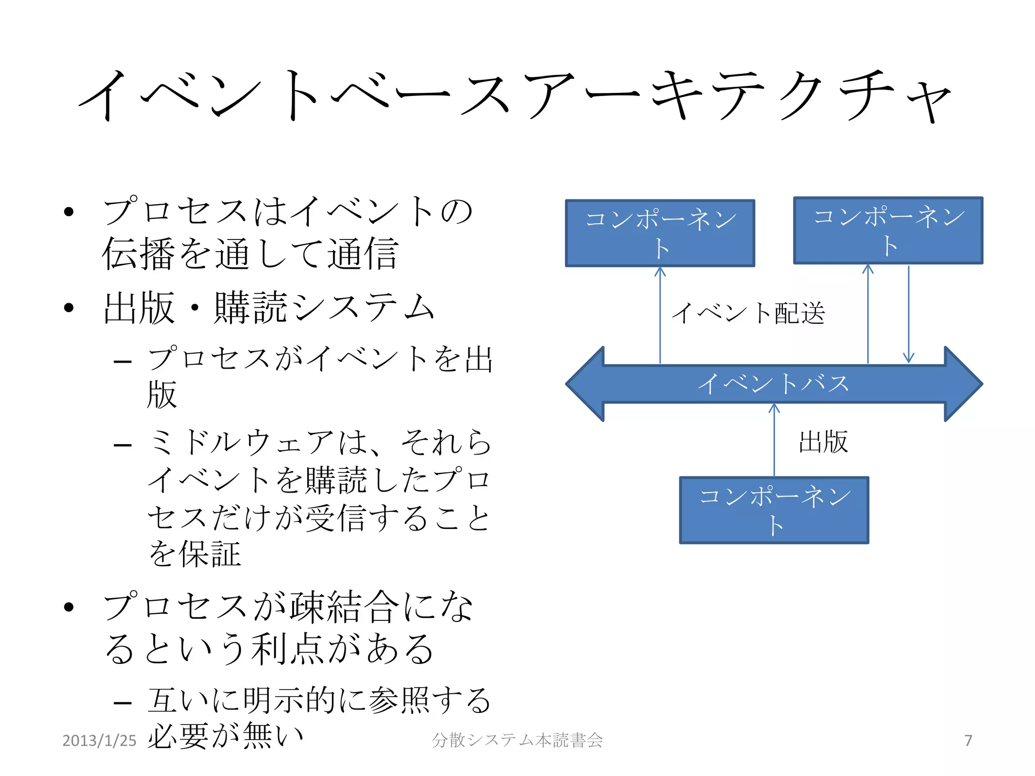 イベントベースアーキテクチャ
• プロセスはイベントの             コンポーネン    コンポーネン
  伝播を通して通信                  ト         ト

• 出版・購読システム                   イベント配送
  – プロセスがイベントを出
    版                          イベントバス

  – ミドルウェアは、それら                   出版
    イベントを購読したプロ                コンポーネン
    セスだけが受信すること                   ト
    を保証
• プロセスが疎結合にな
  るという利点がある
      – 互いに明示的に参照する
2013/1/25 必要が無い  分散システム本読書会             7
 