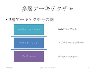 多層アーキテクチャ
• 3層アーキテクチャの例

            ユーザインタフェース               Webクライアント




             アプリケーション                アプリケーションサーバ




              データベース                 データベースサーバ



2013/1/25               分散システム本読書会                 15
 