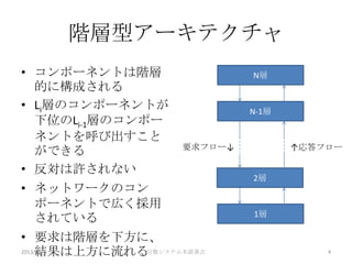 階層型アーキテクチャ
• コンポーネントは階層                  N層
  的に構成される
• Li層のコンポーネントが                N-1層
  下位のLi-1層のコンポー
  ネントを呼び出すこと
                     要求フロー↓          ↑応答フロー
  ができる
• 反対は許されない
                              2層
• ネットワークのコン
  ポーネントで広く採用
                              1層
  されている
• 要求は階層を下方に、
     結果は上方に流れる分散システム本読書会
2013/1/25                                4
 
