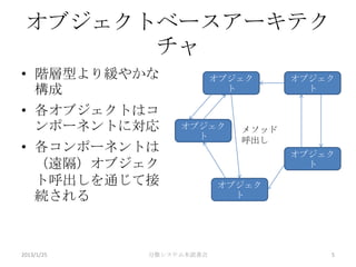 オブジェクトベースアーキテク
       チャ
• 階層型より緩やかな              オブジェク     オブジェク
  構成                       ト         ト

• 各オブジェクトはコ
  ンポーネントに対応      オブジェク      メソッド
                   ト        呼出し
• 各コンポーネントは                        オブジェク
  （遠隔）オブジェク                          ト
  ト呼出しを通じて接              オブジェク
  続される                     ト




2013/1/25   分散システム本読書会                 5
 
