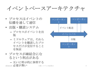 イベントベースアーキテクチャ
• プロセスはイベントの             コンポーネン    コンポーネン
  伝播を通して通信                  ト         ト

• 出版・購読システム                   イベント配送
  – プロセスがイベントを出
    版                          イベントバス

  – ミドルウェアは、それら                   出版
    イベントを購読したプロ                コンポーネン
    セスだけが受信すること                   ト
    を保証
• プロセスが疎結合にな
  るという利点がある
      – 互いに明示的に参照する
2013/1/25 必要が無い  分散システム本読書会             7
 