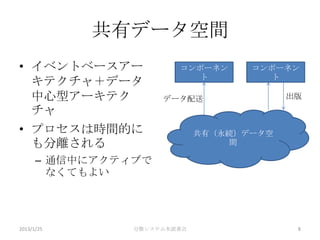共有データ空間
• イベントベースアー             コンポーネン      コンポーネン
                           ト           ト
  キテクチャ＋データ
  中心型アーキテク           データ配送                出版
  チャ
• プロセスは時間的に                  共有（永続）データ空
  も分離される                          間

      – 通信中にアクティブで
        なくてもよい




2013/1/25       分散システム本読書会                 8
 