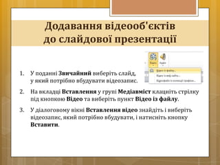 Додавання відеооб'єктів
         до слайдової презентації

1.   У поданні Звичайний виберіть слайд,
     у який потрібно вбудувати відеозапис.
2.   На вкладці Вставлення у групі Медіавміст клацніть стрілку
     під кнопкою Відео та виберіть пункт Відео із файлу.
3.   У діалоговому вікні Вставлення відео знайдіть і виберіть
     відеозапис, який потрібно вбудувати, і натисніть кнопку
     Вставити.
 