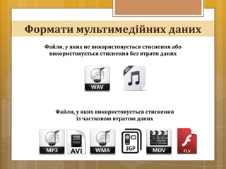 Формати мультимедійних даних
   Файли, у яких не використовується стиснення або
    використовується стиснення без втрати даних




      Файли, у яких використовується стиснення
             із частковою втратою даних
 