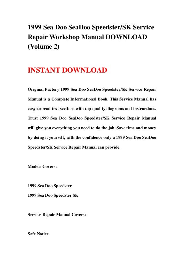 1999 Sea Doo SeaDoo Speedster/SK Service Repair Workshop Manual DOWNL…
