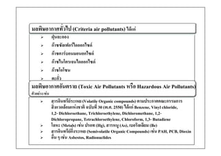 มลพิษอากาศทัวไป (Criteria air pollutants) ไดแก
            ่
                ฝุนละออง
                กาซซัลเฟอรไดออกไซด
                                   ไ
                กาซคารบอนมอนอกไซด
                กาซไนโตรเจนไดออกไซด
                     ไ โ        ไ    ไ
                กาซโอโซน
                ตะกว
                ตะกั่ว
มลพิษอากาศอันตราย (Toxic Air Pollutants หรือ Hazardous Air Pollutants)
ตัวอยาง เชน
                สารอินทรียระเหย (Volatile Organic compounds) ตามประกาศคณะกรรมการ
                สิ่งแวดลอมแหงชาติ ฉบับที่ 30 (พ.ศ. 2550) ไดแก Benzene, Vinyl chloride,
                1,2- Dichloroethane, Trichloroethylene, Dichloromethane 1,2-
                1 2- Dichloroethane Trichloroethylene Dichloromethane, 1 2-
                Dichloropropane, Tetrachloroethylene, Chloroform, 1,3- Butadiene
                โลหะ (Metals) เชน ปรอท (Hg), สารหนู (As), เบอริลเลียม (Be)
                สารอนทรยกงระเหย
                สารอินทรียกึ่งระเหย (Semivolatile Organic Compounds) เชน PAH PCB, Dioxin
                                                                          เชน PAH, PCB
                อื่น ๆ เชน Asbestos, Radionuclides
 