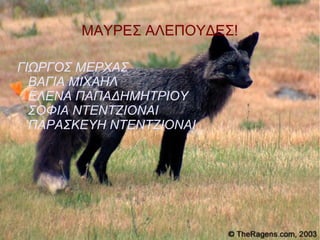 ΜΑΥΡΕΣ ΑΛΕΠΟΥΔΕΣ!

ΓΙΩΡΓΟΣ ΜΕΡΧΑΣ
  ΒΑΓΙΑ ΜΙΧΑΗΛ
  ΕΛΕΝΑ ΠΑΠΑΔΗΜΗΤΡΙΟΥ
  ΣΟΦΙΑ ΝΤΕΝΤΖΙΟΝΑΙ
  ΠΑΡΑΣΚΕΥΗ ΝΤΕΝΤΖΙΟΝΑΙ
 